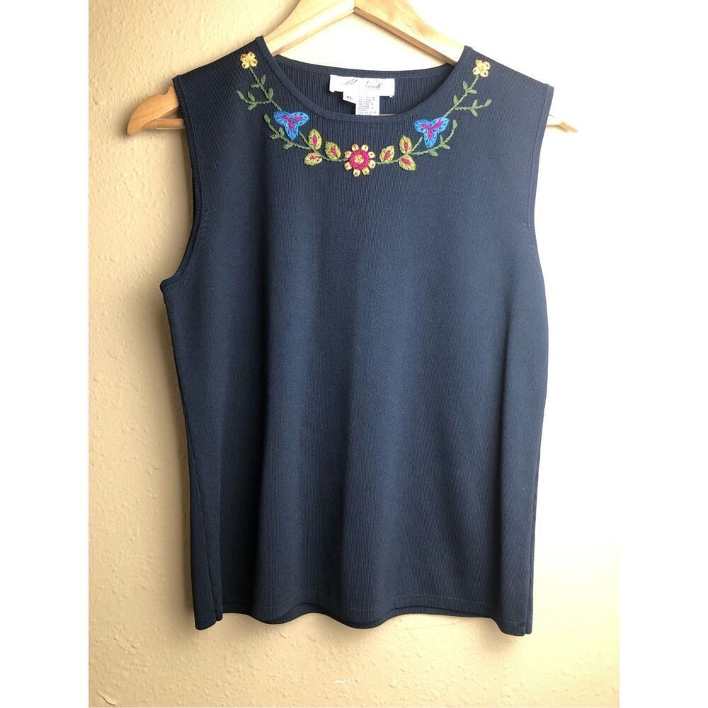 M Nicole XL Navy Embroidered Floral Sleeveless Knit Tank Top - Picture 6 of 13
